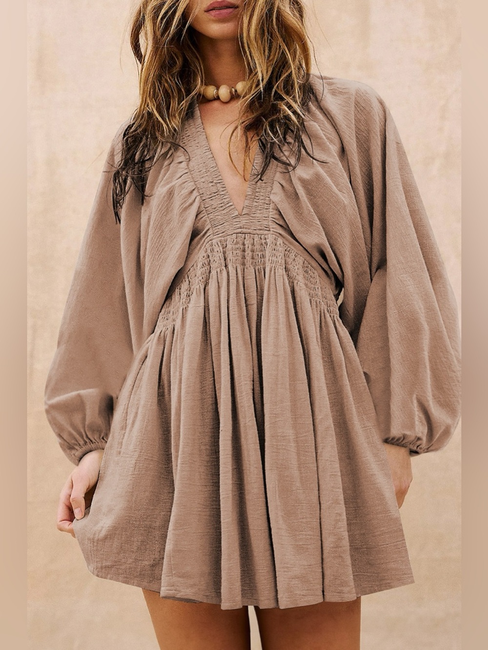 Smocked V-Neck Balloon Sleeve Dress